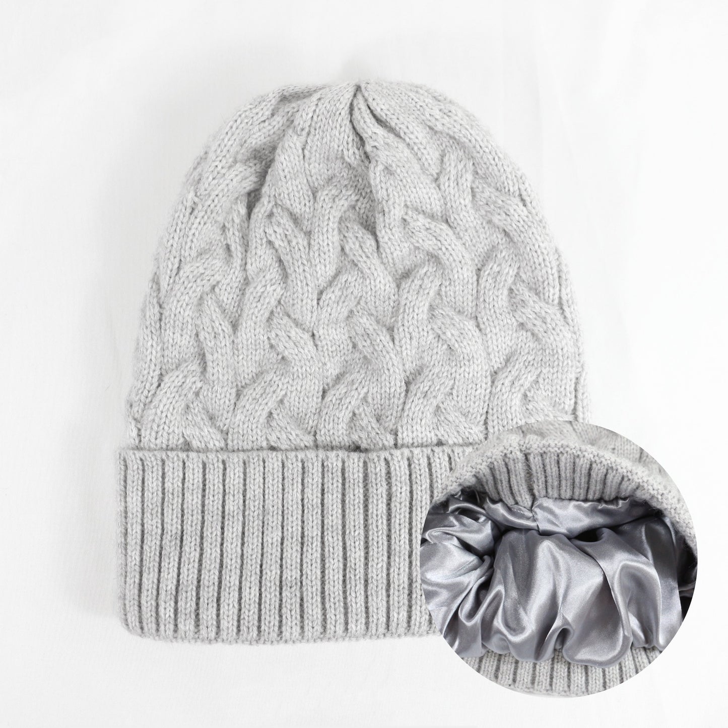 Cashmere Blend Cable Knit Beanie - Satin Lined
