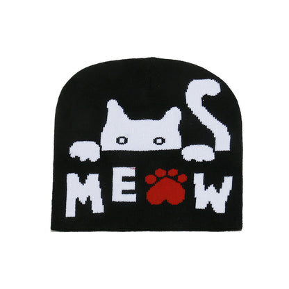 Cute Cat Jacquard Knit Beanie - Cozy Winter Hat