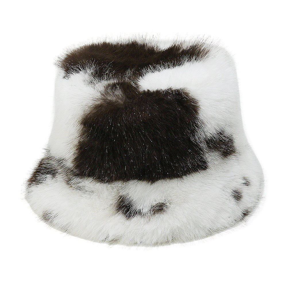 Cozy Cow Print Faux Fur Fisherman Hat