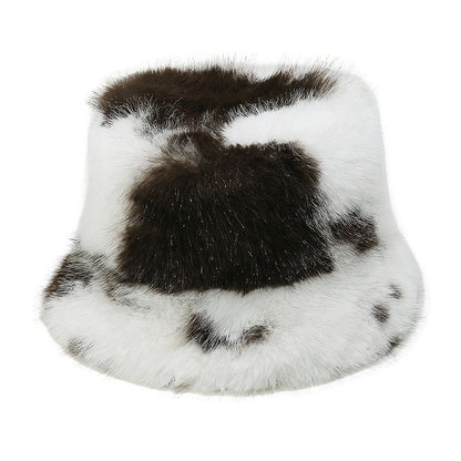 Cozy Cow Print Faux Fur Fisherman Hat