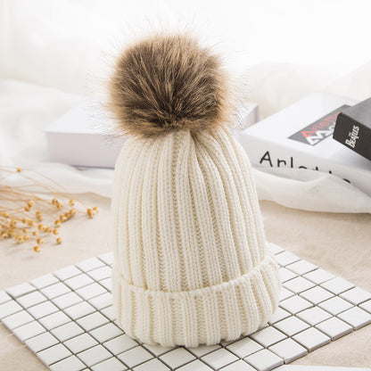 Cozy Knit Beanie with Faux Fur Pom - Korean Style Warm Hat
