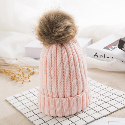 Cozy Knit Beanie with Faux Fur Pom - Korean Style Warm Hat