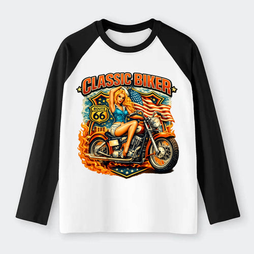 Classic Pinup Biker - Raglan Long Sleeve T-Shirt
