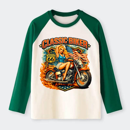 Classic Pinup Biker - Raglan Long Sleeve T-Shirt