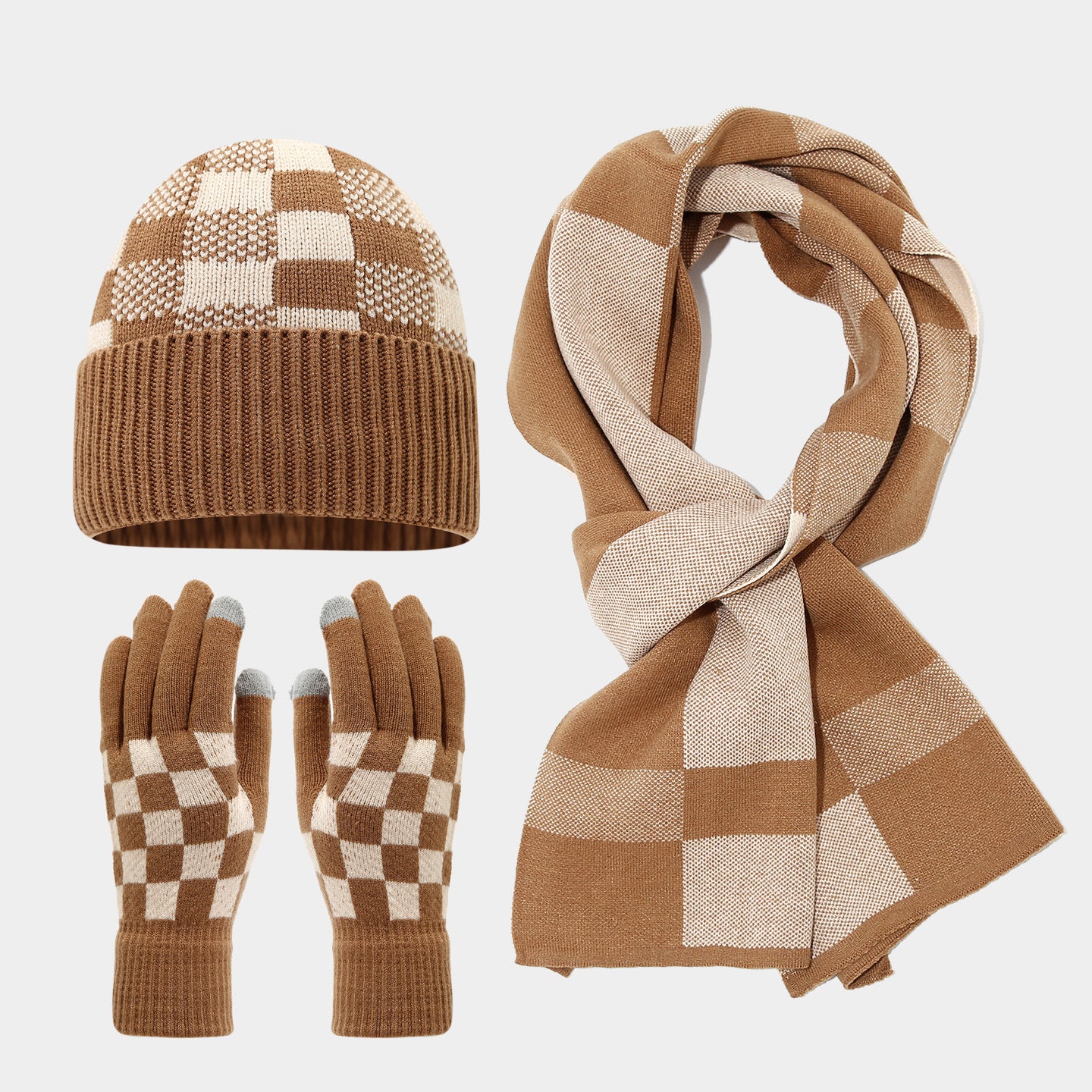 Checkerboard Plaid Knit Hat Scarf & Gloves Set