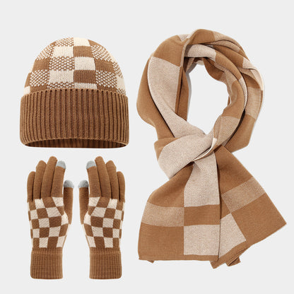 Checkerboard Plaid Knit Hat Scarf & Gloves Set