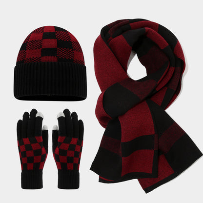 Checkerboard Plaid Knit Hat Scarf & Gloves Set