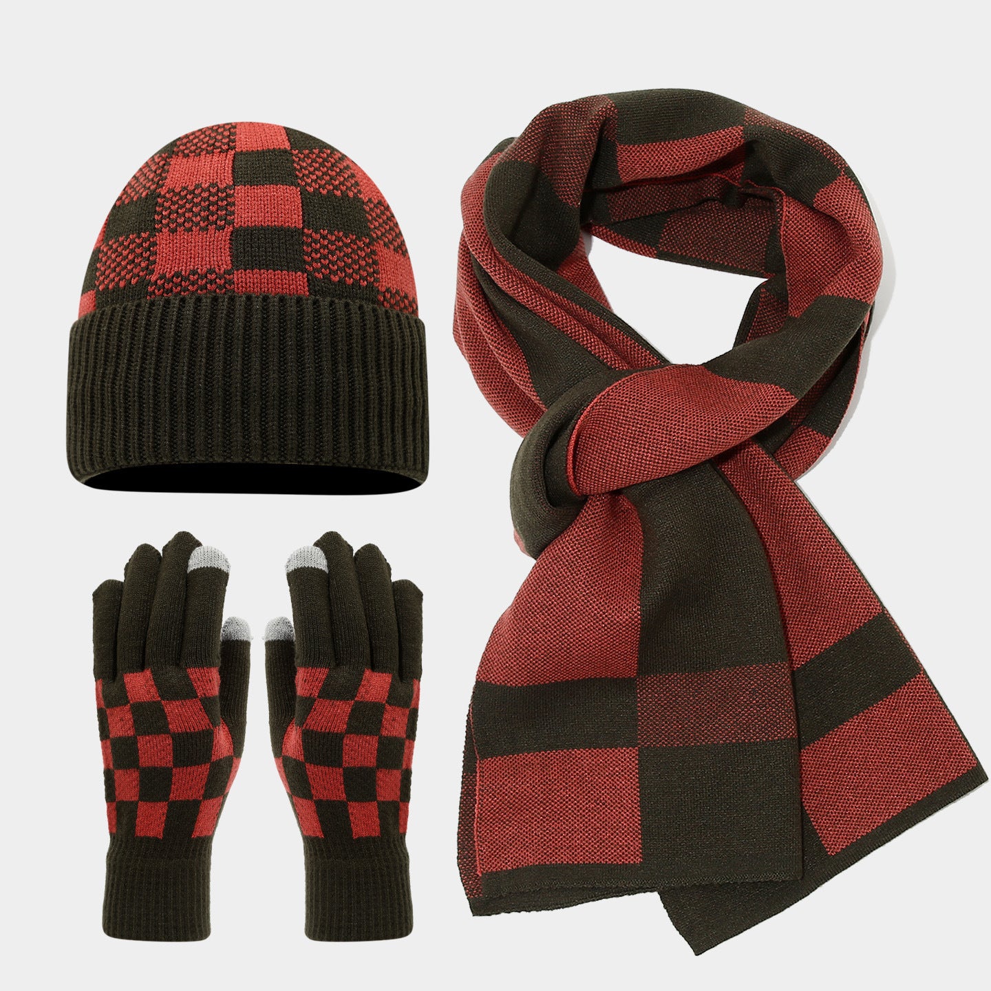Checkerboard Plaid Knit Hat Scarf & Gloves Set