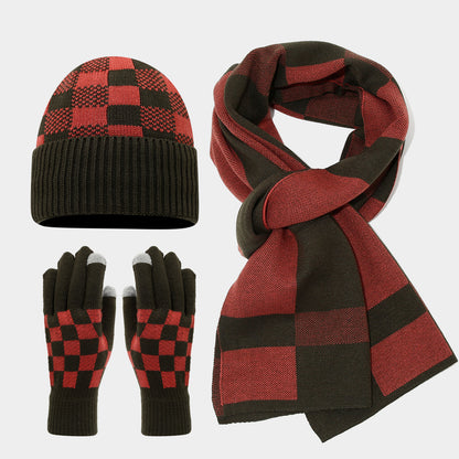 Checkerboard Plaid Knit Hat Scarf & Gloves Set