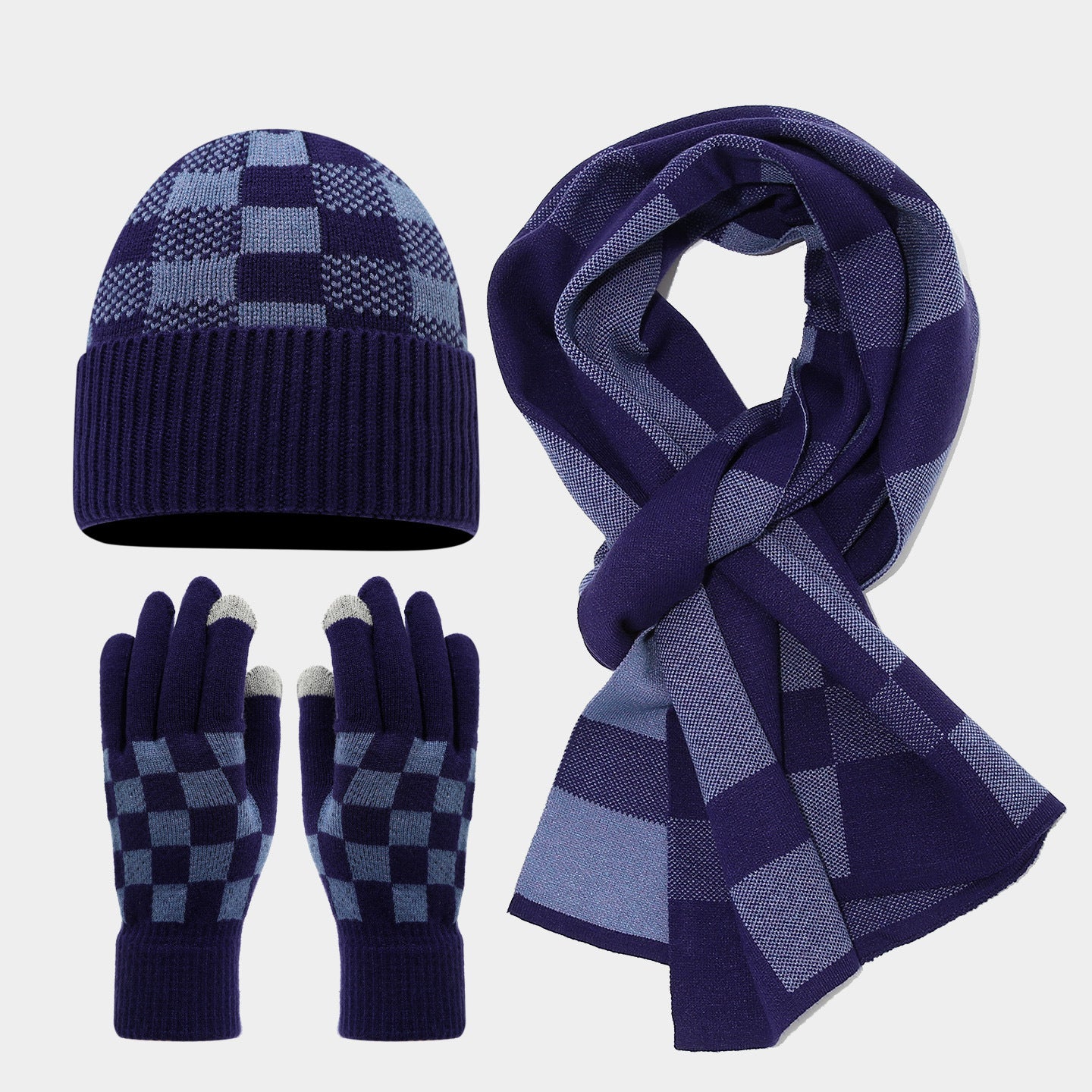 Checkerboard Plaid Knit Hat Scarf & Gloves Set