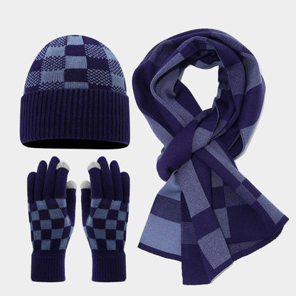 Checkerboard Plaid Knit Hat Scarf & Gloves Set