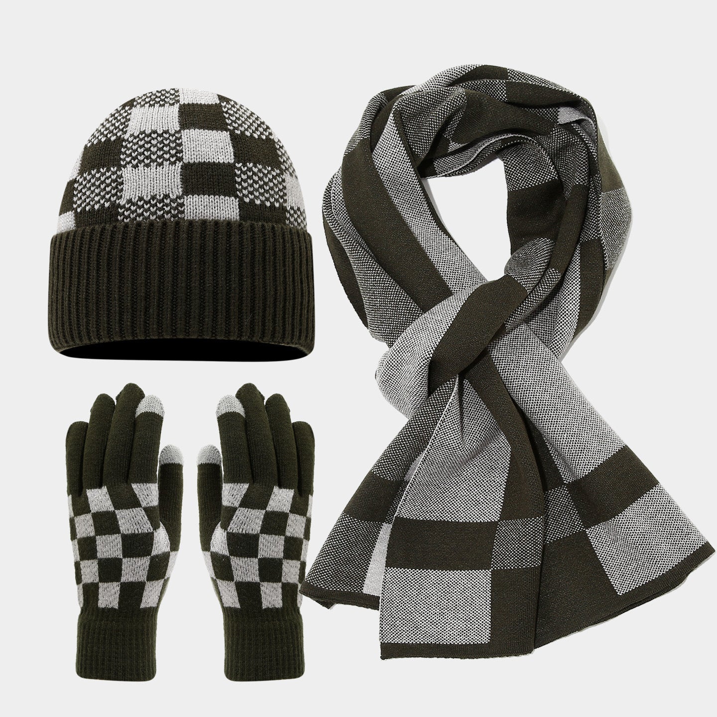 Checkerboard Plaid Knit Hat Scarf & Gloves Set