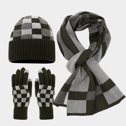 Checkerboard Plaid Knit Hat Scarf & Gloves Set