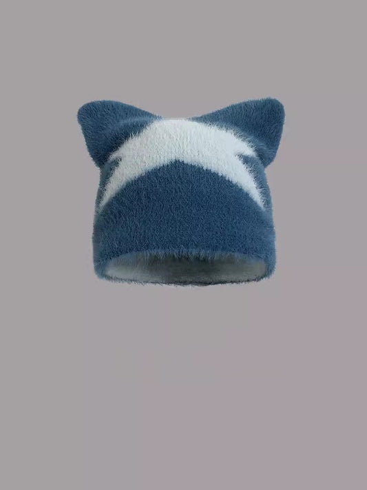 Cozy Star Cat Ear Beanie: Warm Wool Blend Hat for Autumn/Winter