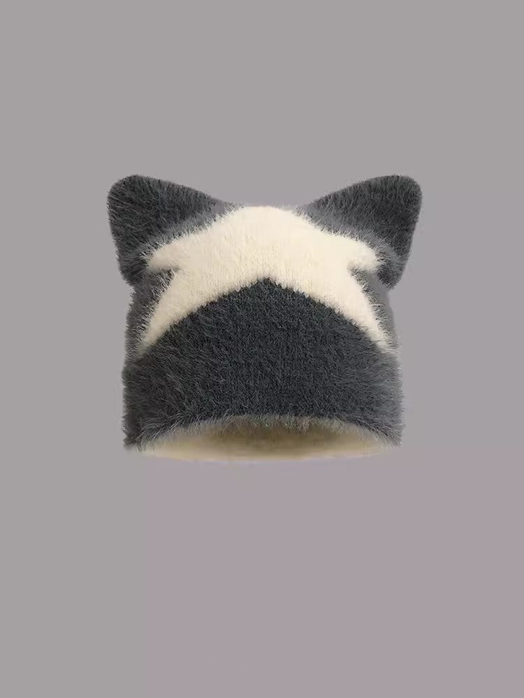 Cozy Star Cat Ear Beanie: Warm Wool Blend Hat for Autumn/Winter