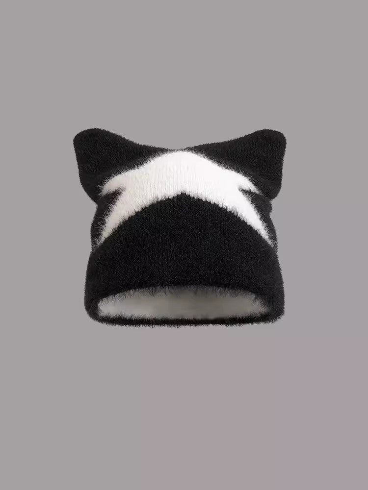 Cozy Star Cat Ear Beanie: Warm Wool Blend Hat for Autumn/Winter