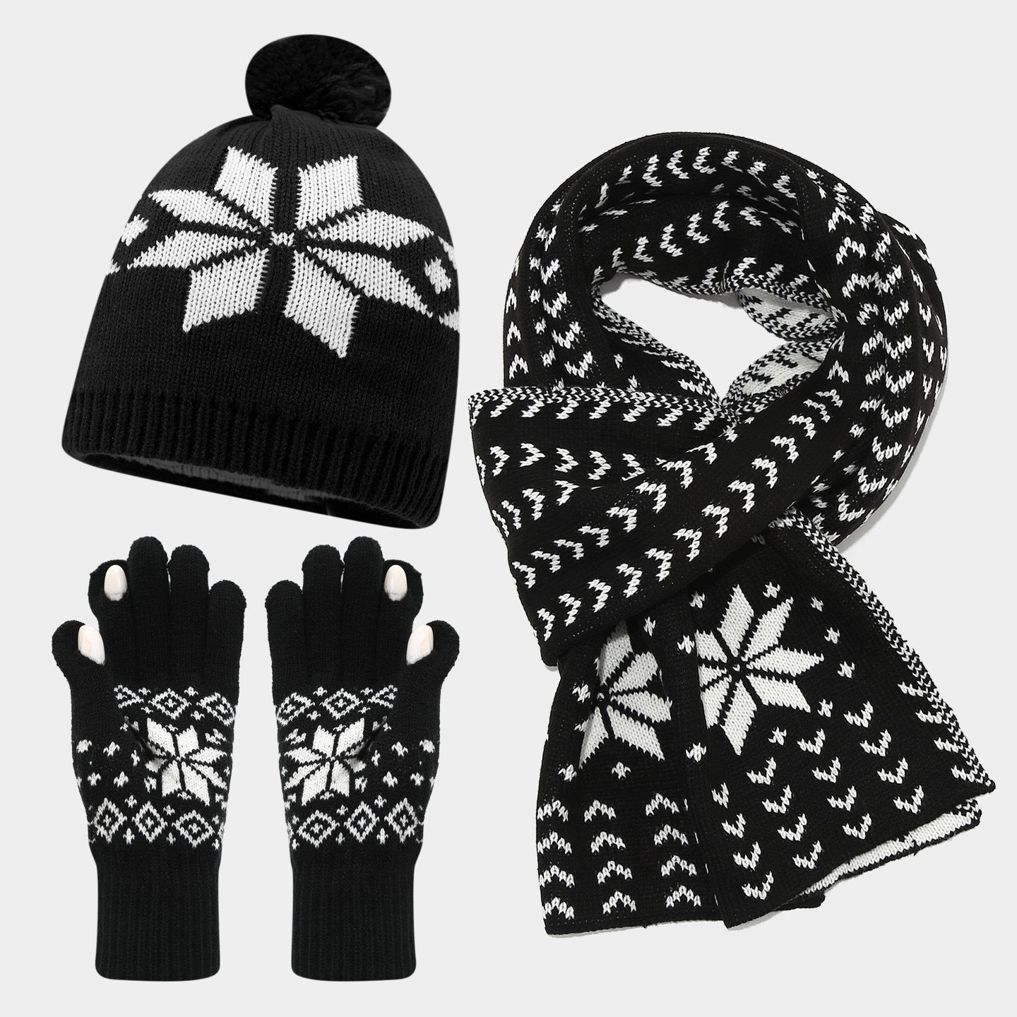 Cozy Snowflake Knit Hat, Scarf & Glove Set
