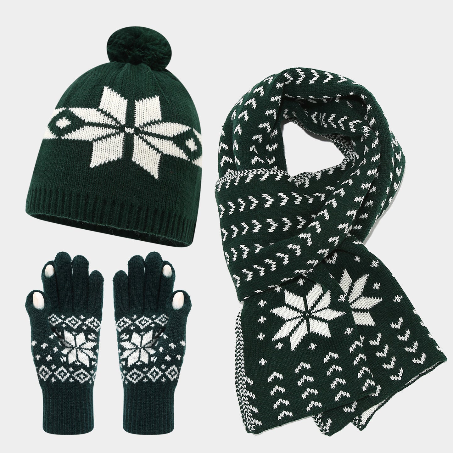 Cozy Snowflake Knit Hat, Scarf & Glove Set