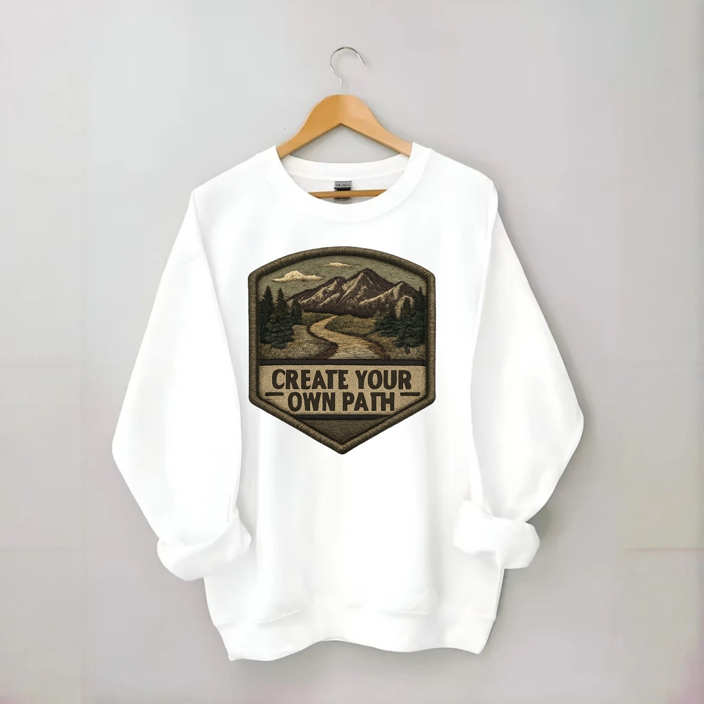 CREATE YOUR OWN PATH - trail with text in brown , independence - Crewneck Sweatshirt