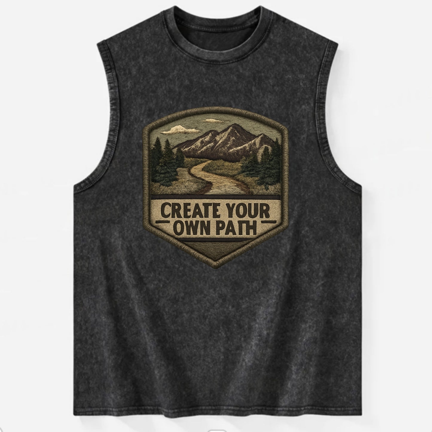 CREATE YOUR OWN PATH - trail with text in brown , independence - Vintage Washed Tank