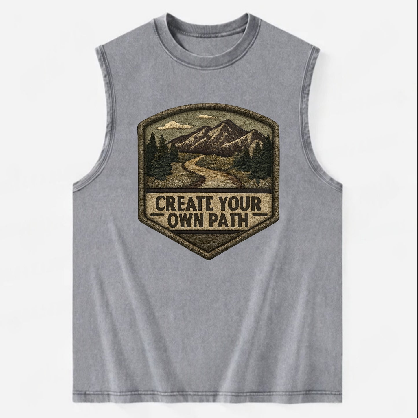 CREATE YOUR OWN PATH - trail with text in brown , independence - Vintage Washed Tank