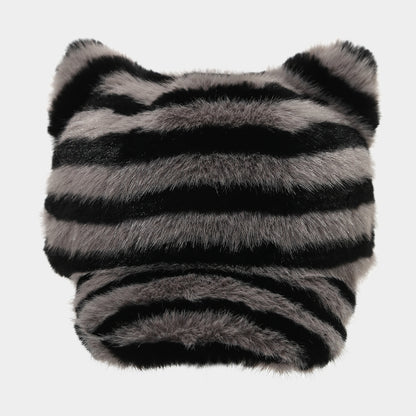 Cozy Zebra Cat Ear Plush Baseball Cap