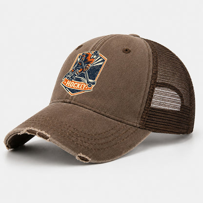 Vintage Screenprint Ice Hockey Player Washed Trucker Hat – Coffee