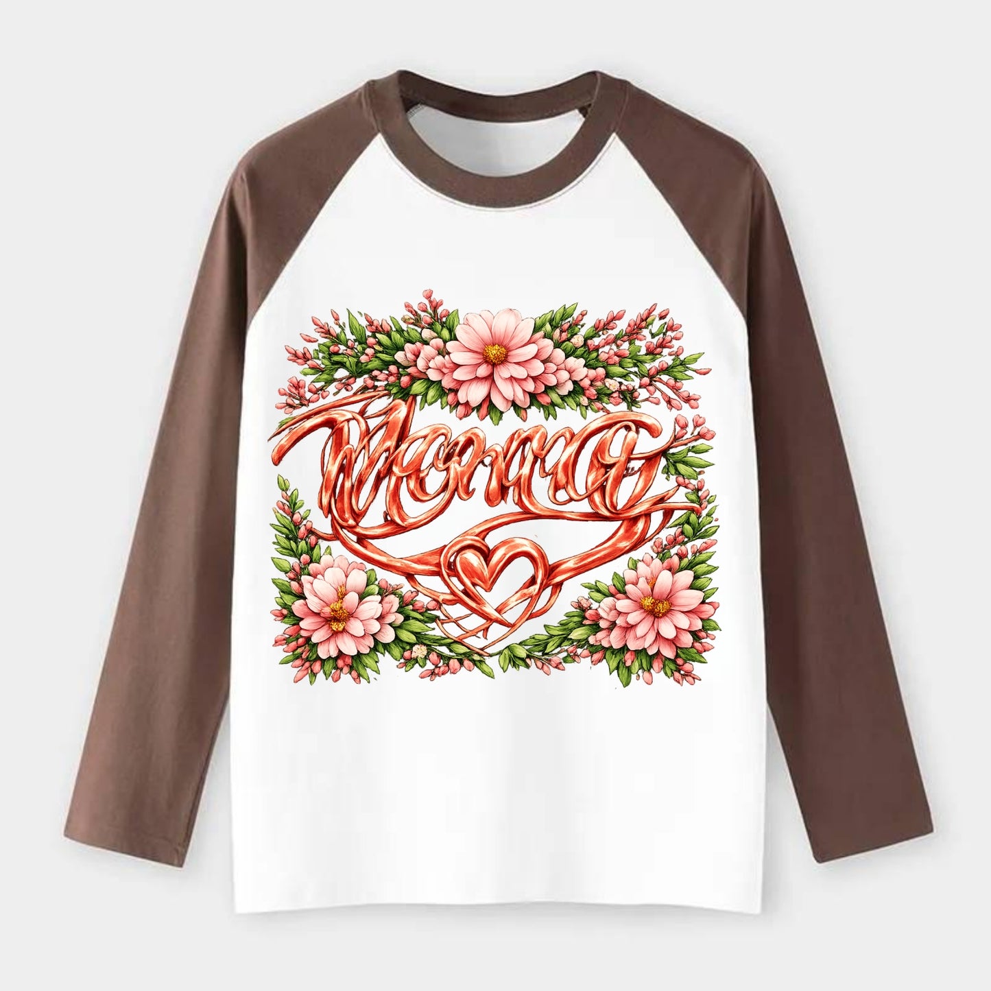 Mama Script - Raglan Long Sleeve T-Shirt - Coffee