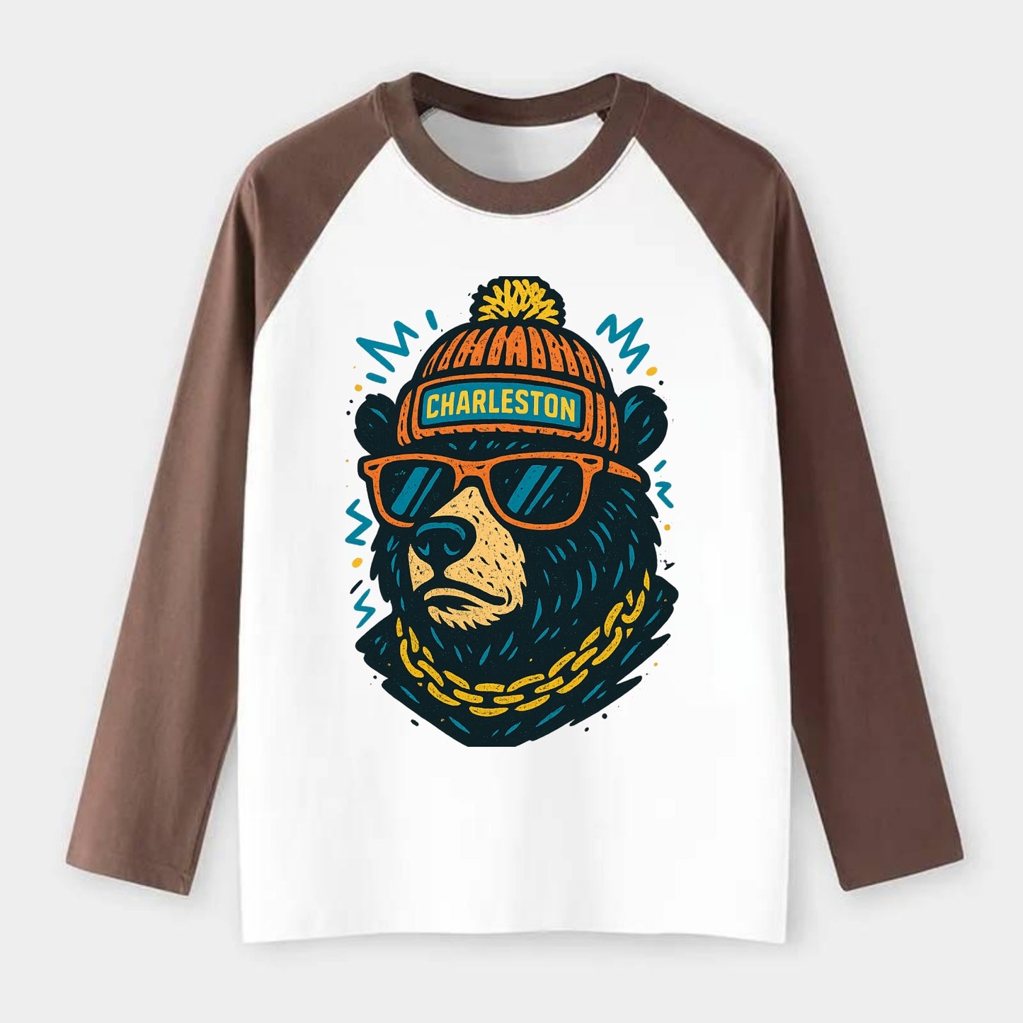 West Virginia Black Bear wearing Charleston beanie with pom pom and - Raglan Long Sleeve T-Shirt - Coffee