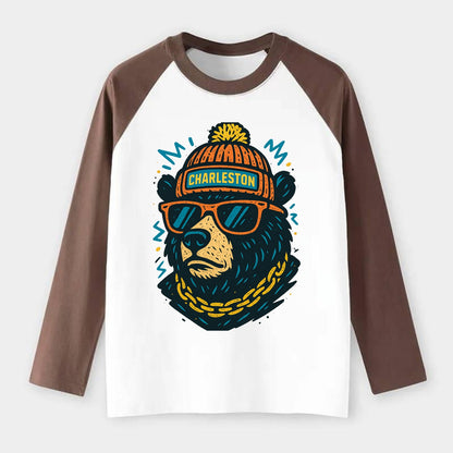 West Virginia Black Bear wearing Charleston beanie with pom pom and - Raglan Long Sleeve T-Shirt - Coffee