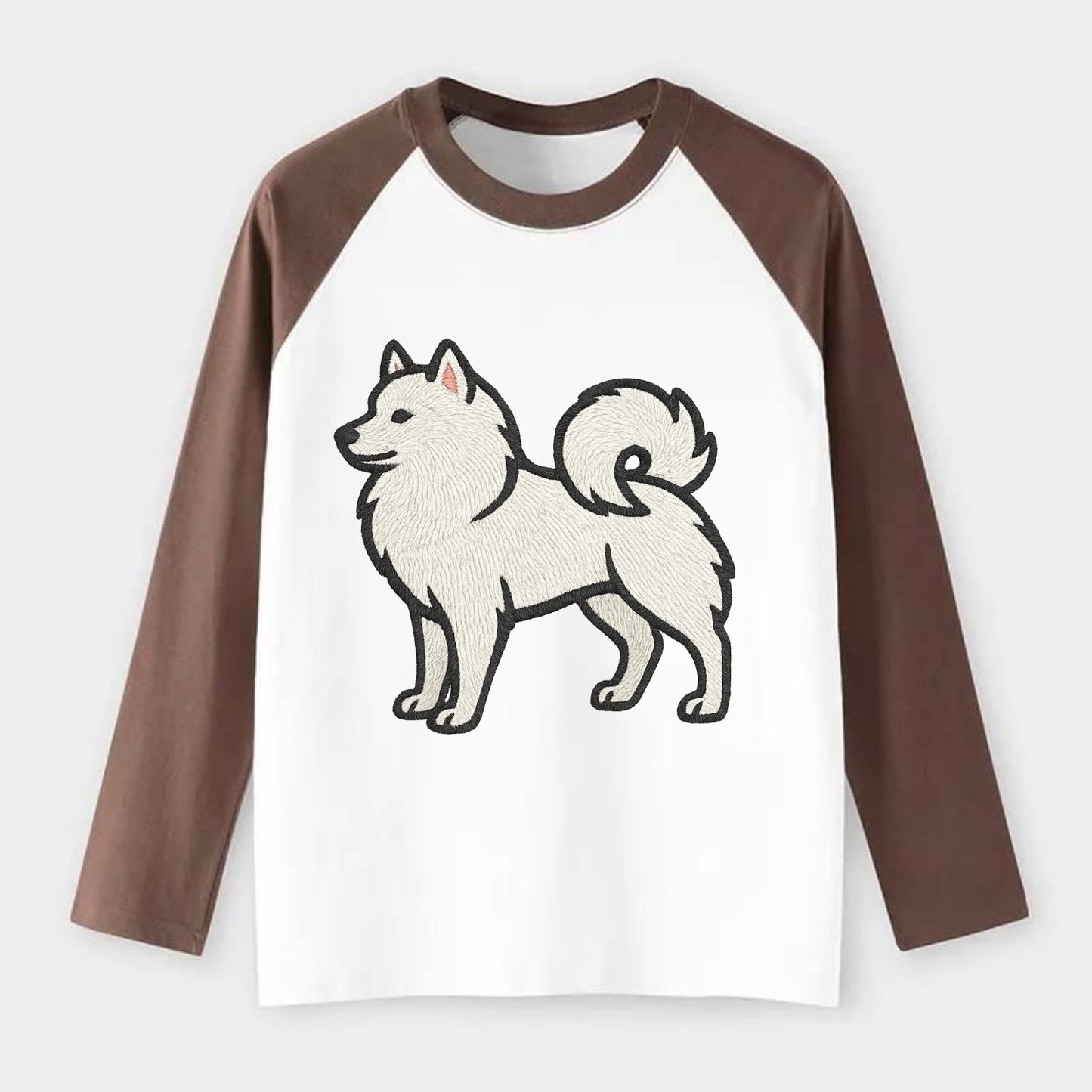 American Eskimo Dog - White spitz embroidered standing design - Raglan Long Sleeve T-Shirt - Coffee