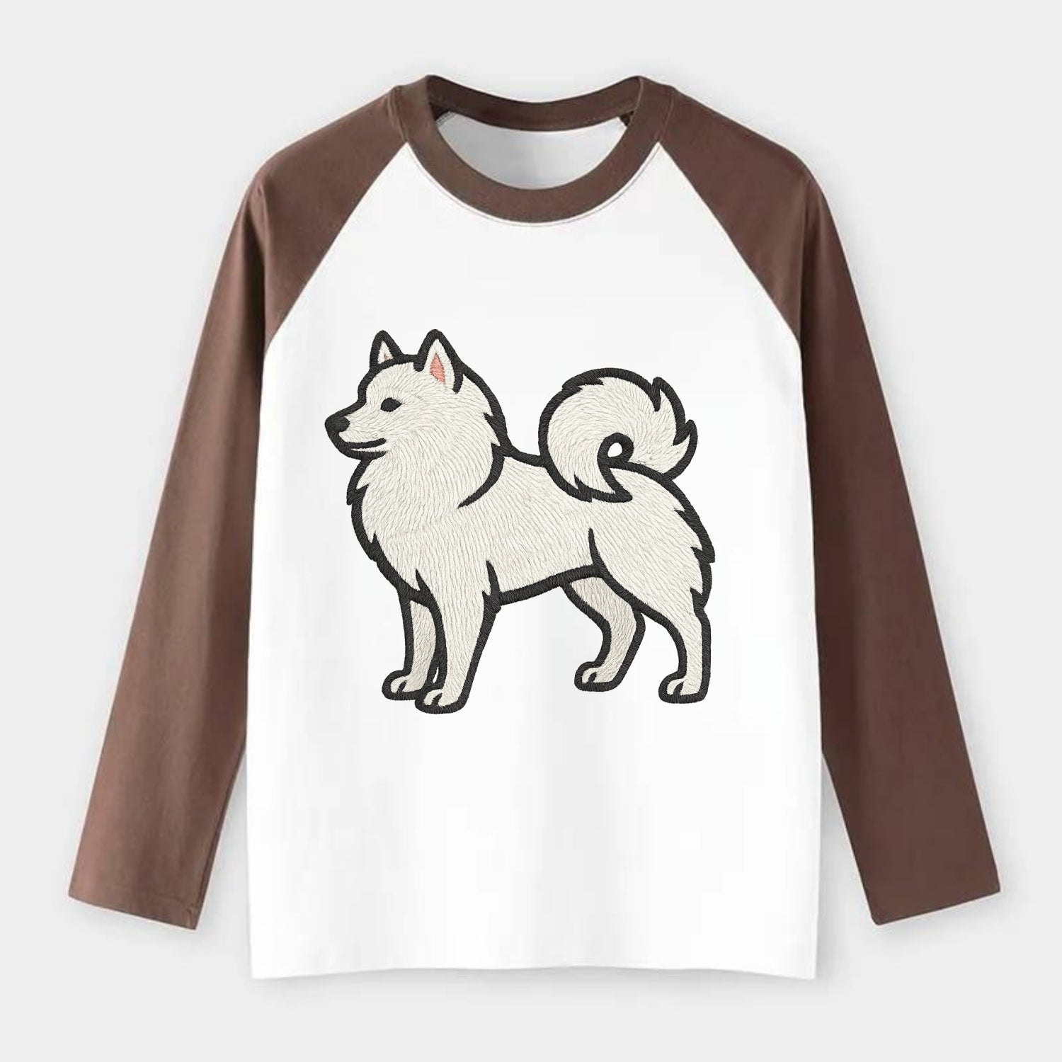 American Eskimo Dog - White spitz embroidered standing design - Raglan Long Sleeve T-Shirt - Coffee