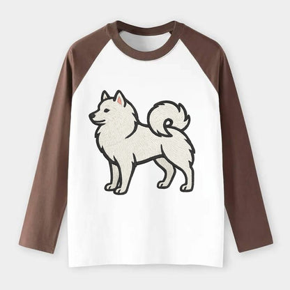 American Eskimo Dog - White spitz embroidered standing design - Raglan Long Sleeve T-Shirt - Coffee