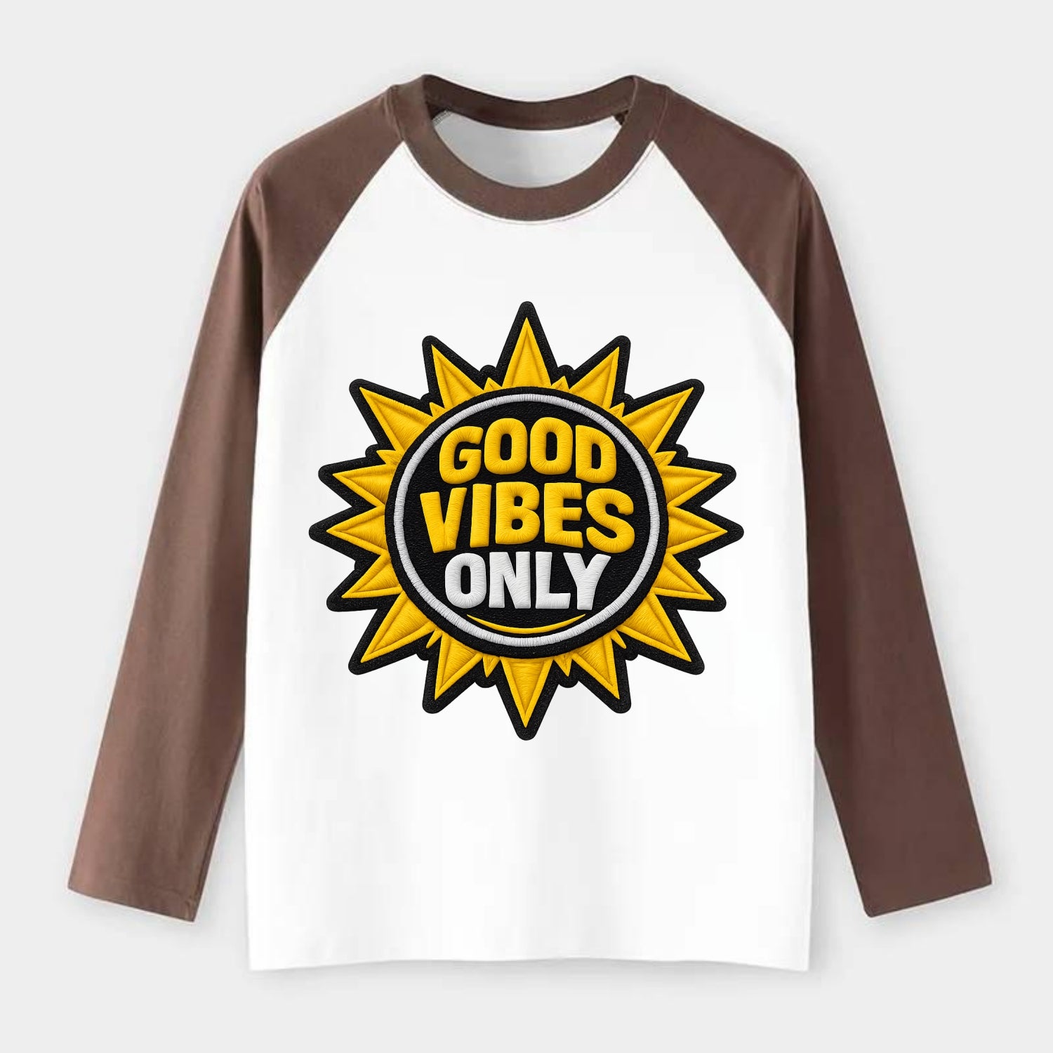 GOOD VIBES ONLY - sun with text in yellow , positive energy - Raglan Long Sleeve T-Shirt - Coffee
