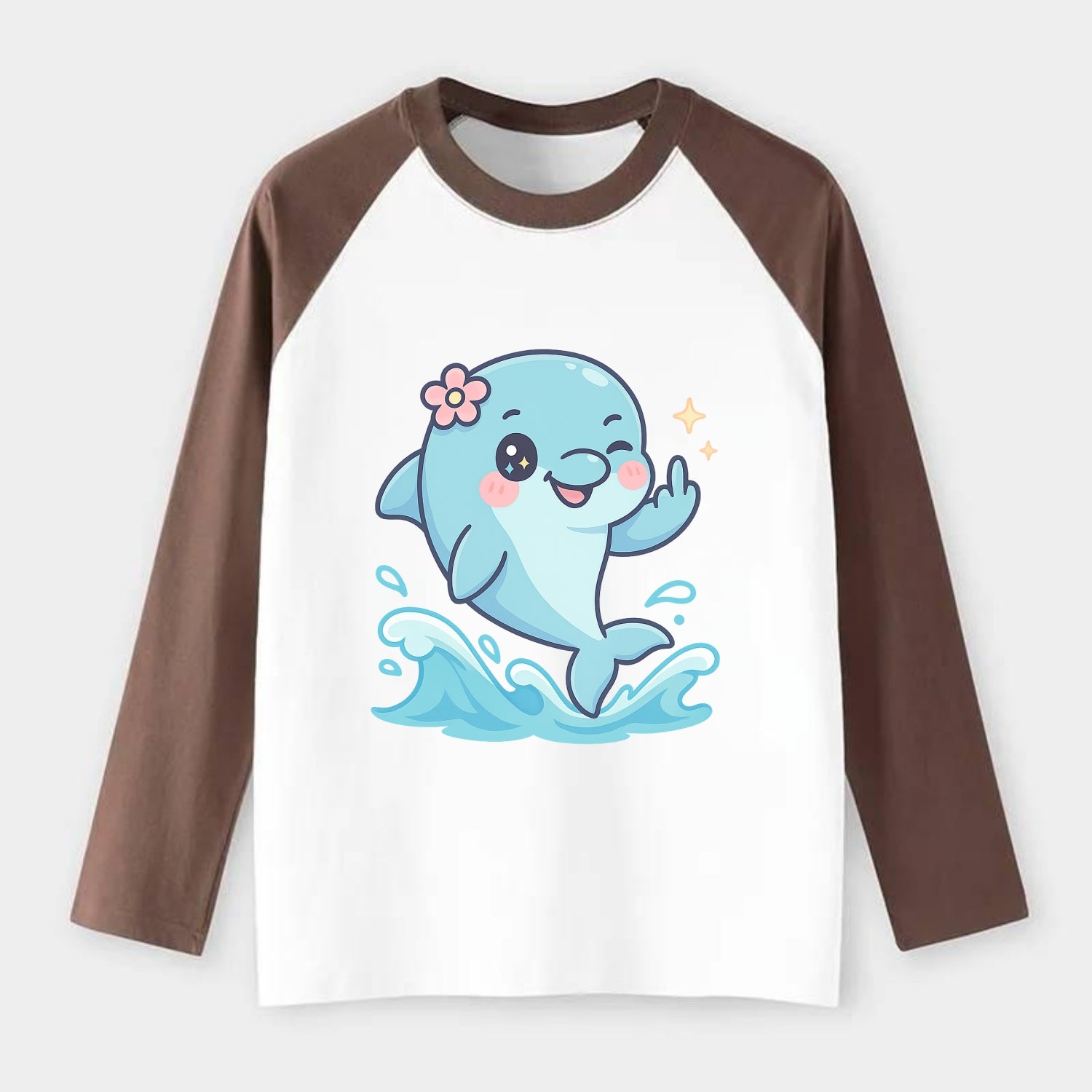 smiling dolphin jumping through ocean waves, one fin up with attitude - Raglan Long Sleeve T-Shirt - Coffee