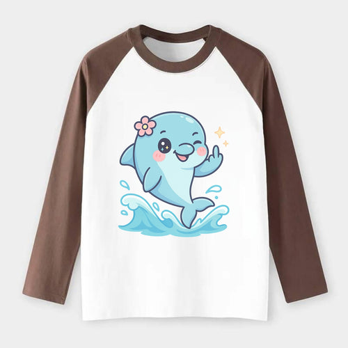 smiling dolphin jumping through ocean waves, one fin up with attitude - Raglan Long Sleeve T-Shirt