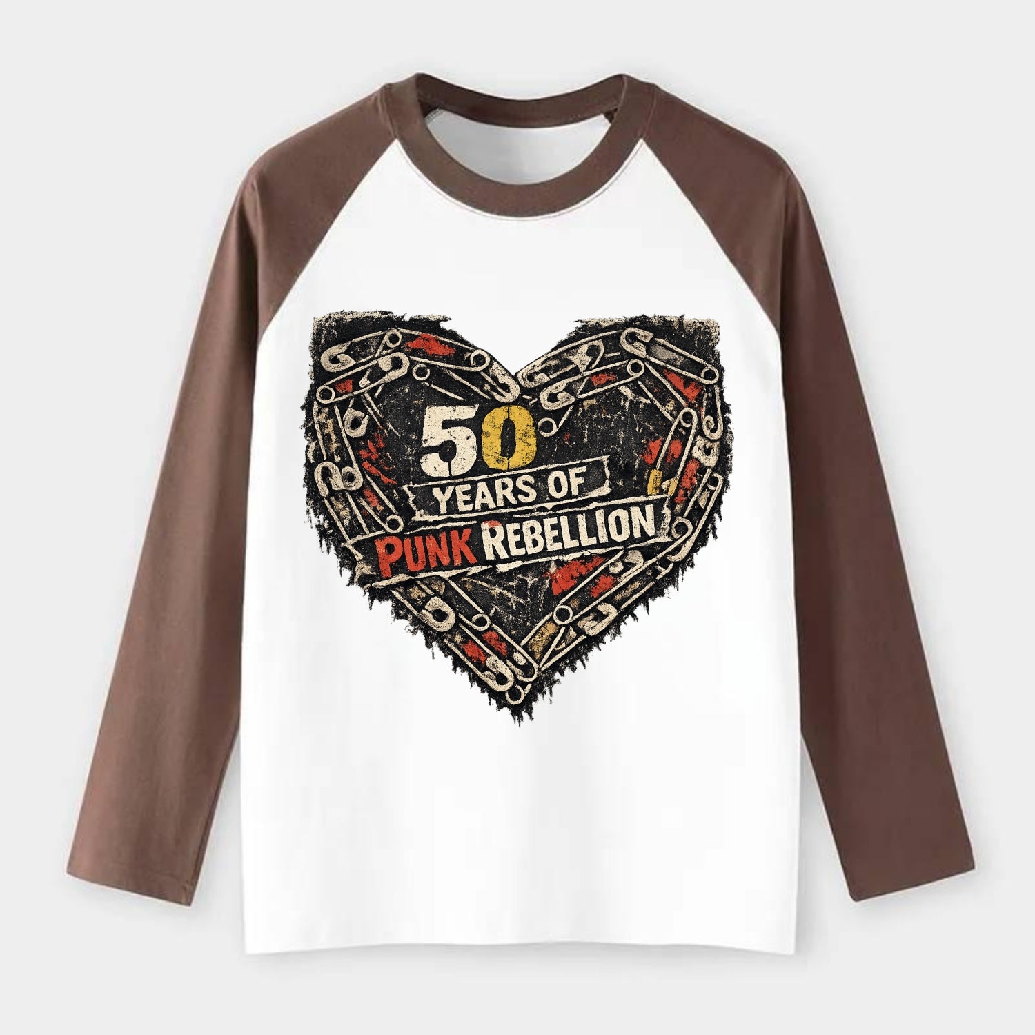 SAFETY PIN LOVE | Heart made of safety pins | Punk romance | DIY - Raglan Long Sleeve T-Shirt - Coffee