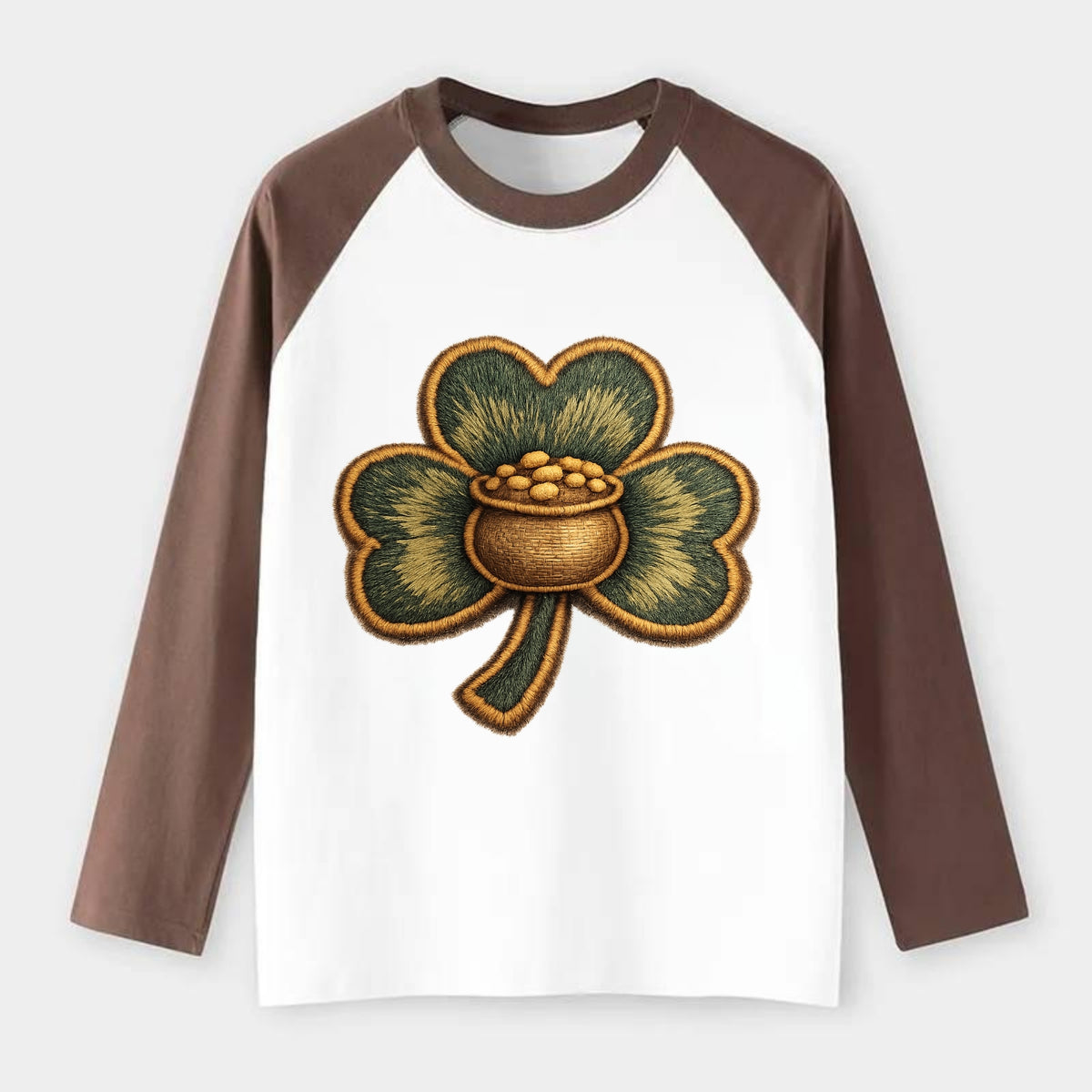 ST PATRICKS CLOVER - lucky clover with gold in green and gold , Irish - Raglan Long Sleeve T-Shirt - Coffee