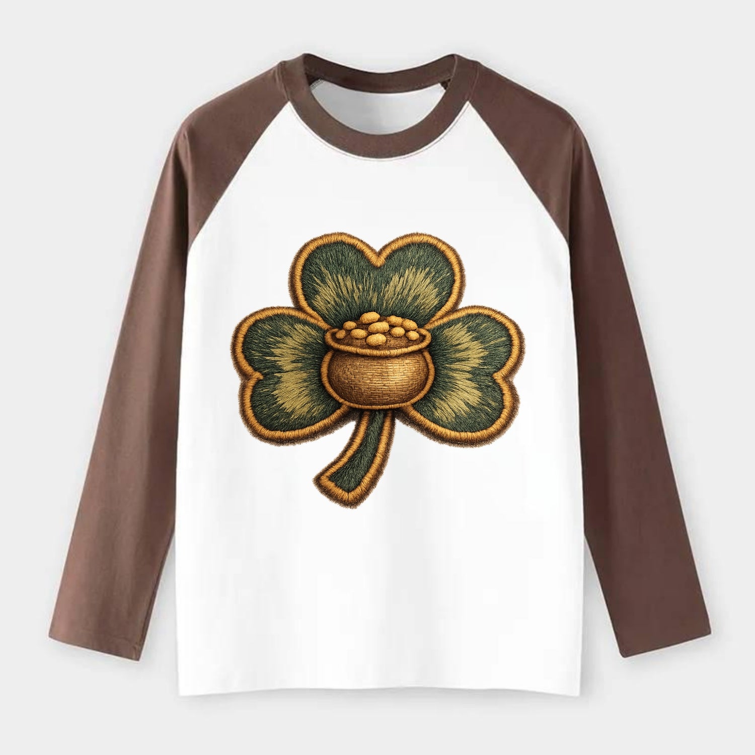 ST PATRICKS CLOVER - lucky clover with gold in green and gold , Irish - Raglan Long Sleeve T-Shirt - Coffee