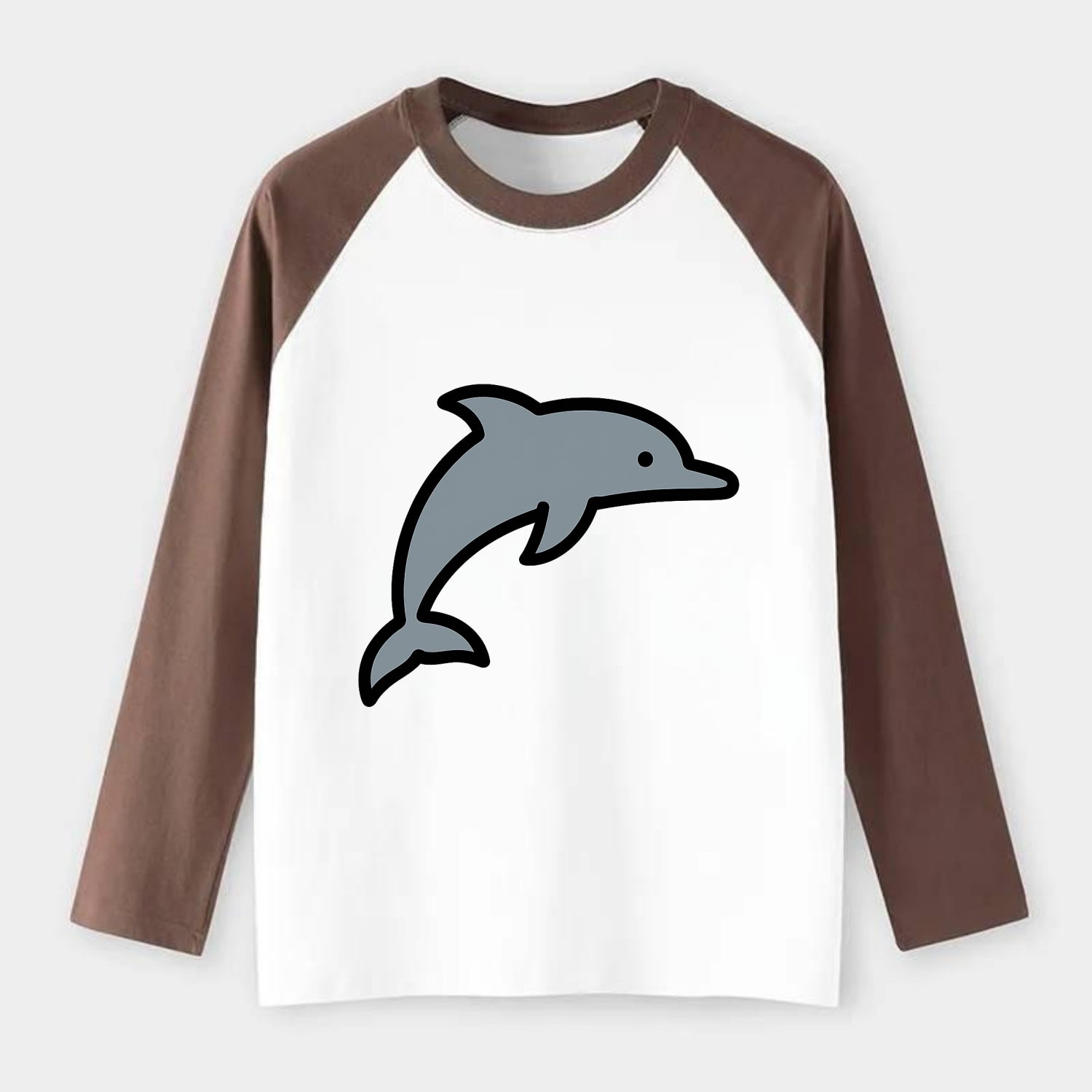 Bottlenose Dolphin - Gray jumping pose flat side profile - Raglan Long Sleeve T-Shirt - Coffee