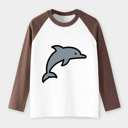 Bottlenose Dolphin - Gray jumping pose flat side profile - Raglan Long Sleeve T-Shirt - Coffee