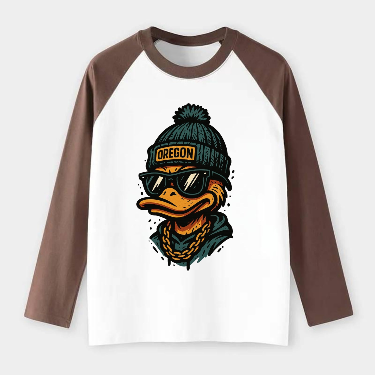 Eugene Duck wearing Oregon beanie with p - Raglan Long Sleeve T-Shirt - Coffee