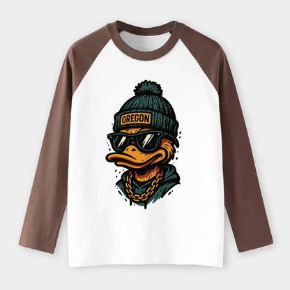 Eugene Duck wearing Oregon beanie with p - Raglan Long Sleeve T-Shirt - Coffee