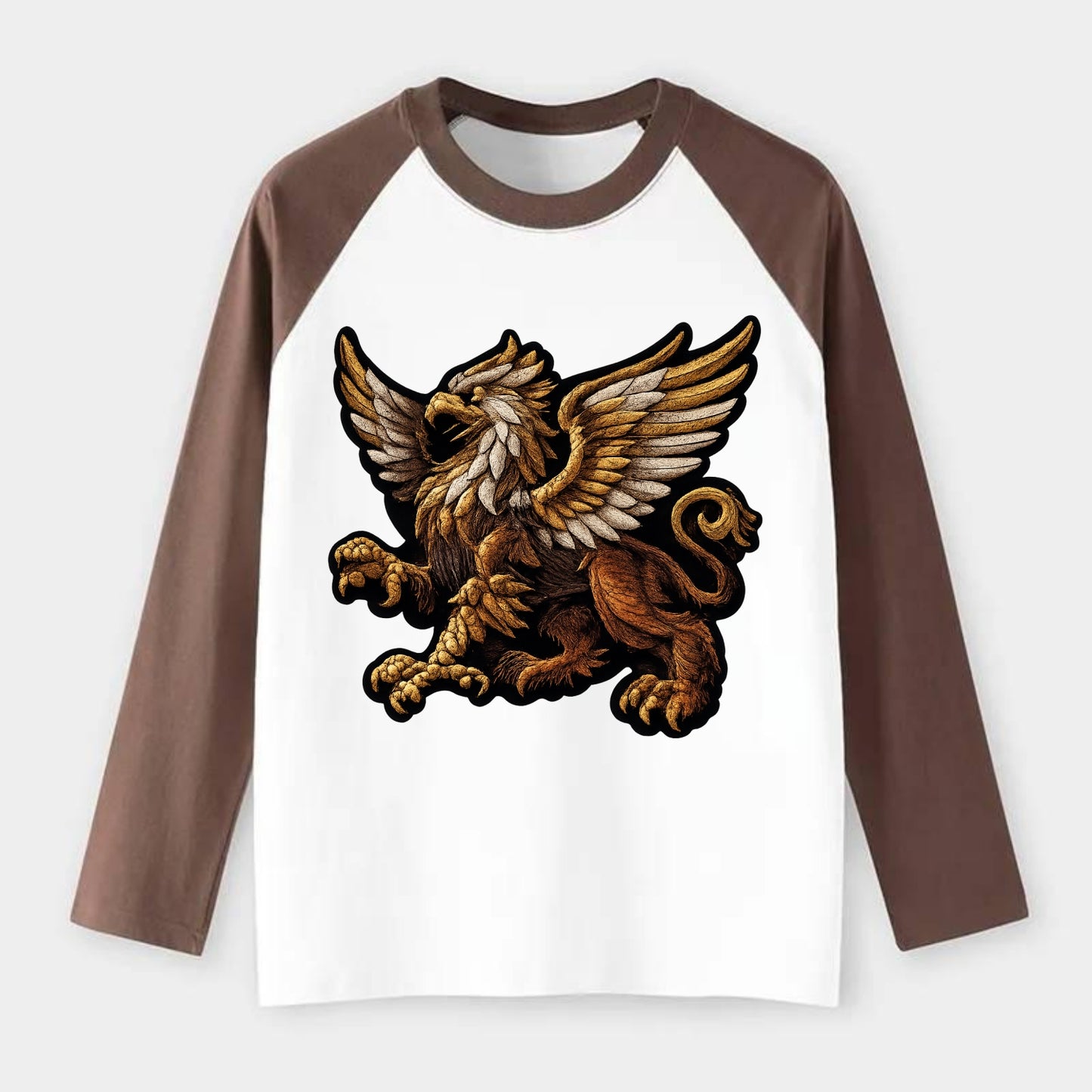 GRIFFIN BEAST - lion eagle hybrid in gold and brown , heraldic - Raglan Long Sleeve T-Shirt - Coffee