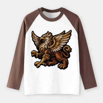 GRIFFIN BEAST - lion eagle hybrid in gold and brown , heraldic - Raglan Long Sleeve T-Shirt - Coffee