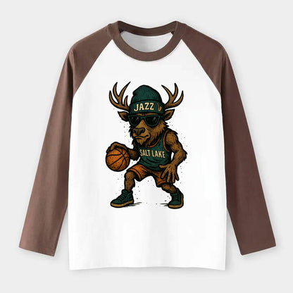 Salt Lake Elk wearing Jazz beanie with saxophone patch and wayfarer - Raglan Long Sleeve T-Shirt - Coffee