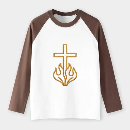 Burning Bush Cross  - Raglan Long Sleeve T-Shirt - Coffee