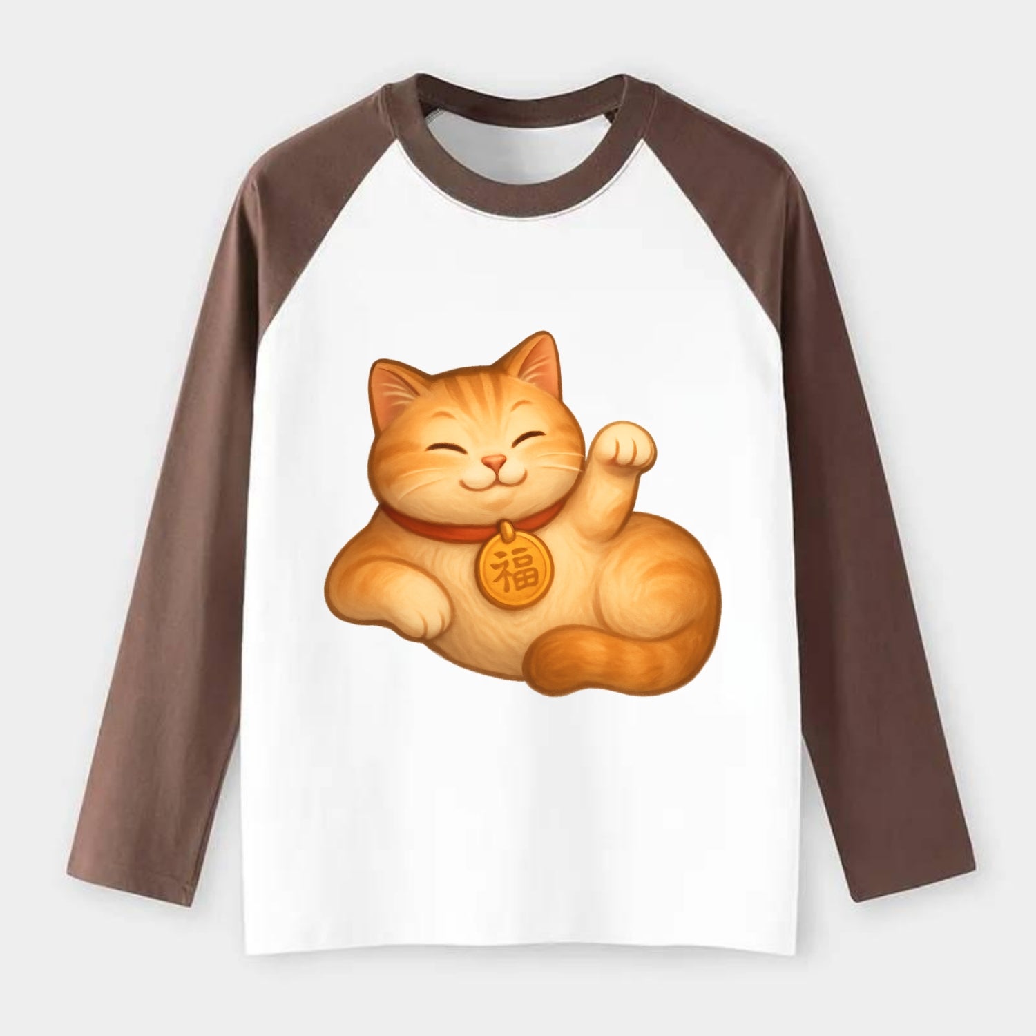 Maneki Neko Pose - Raglan Long Sleeve T-Shirt - Coffee
