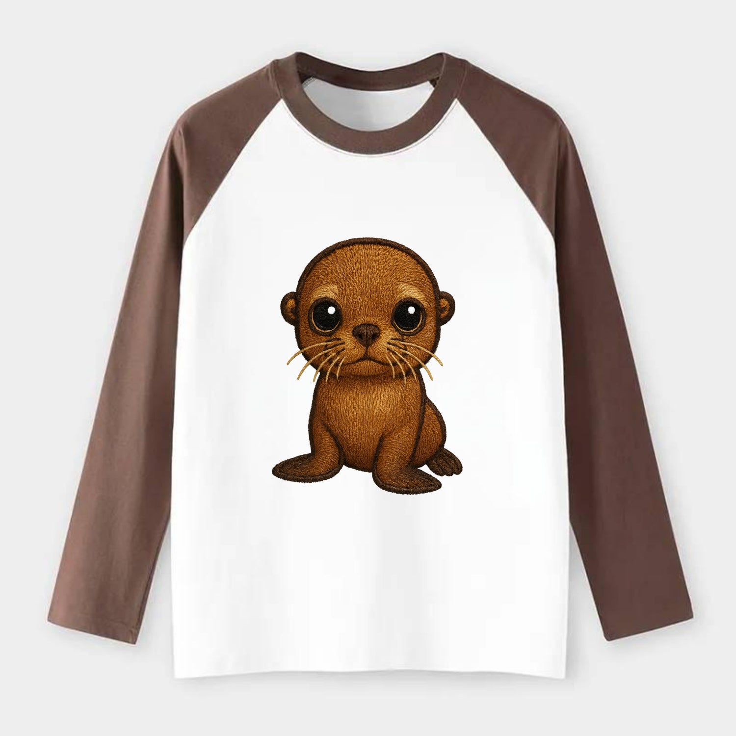 Baby California Sea Lion - golden brown, large expressive eyes, - Raglan Long Sleeve T-Shirt - Coffee