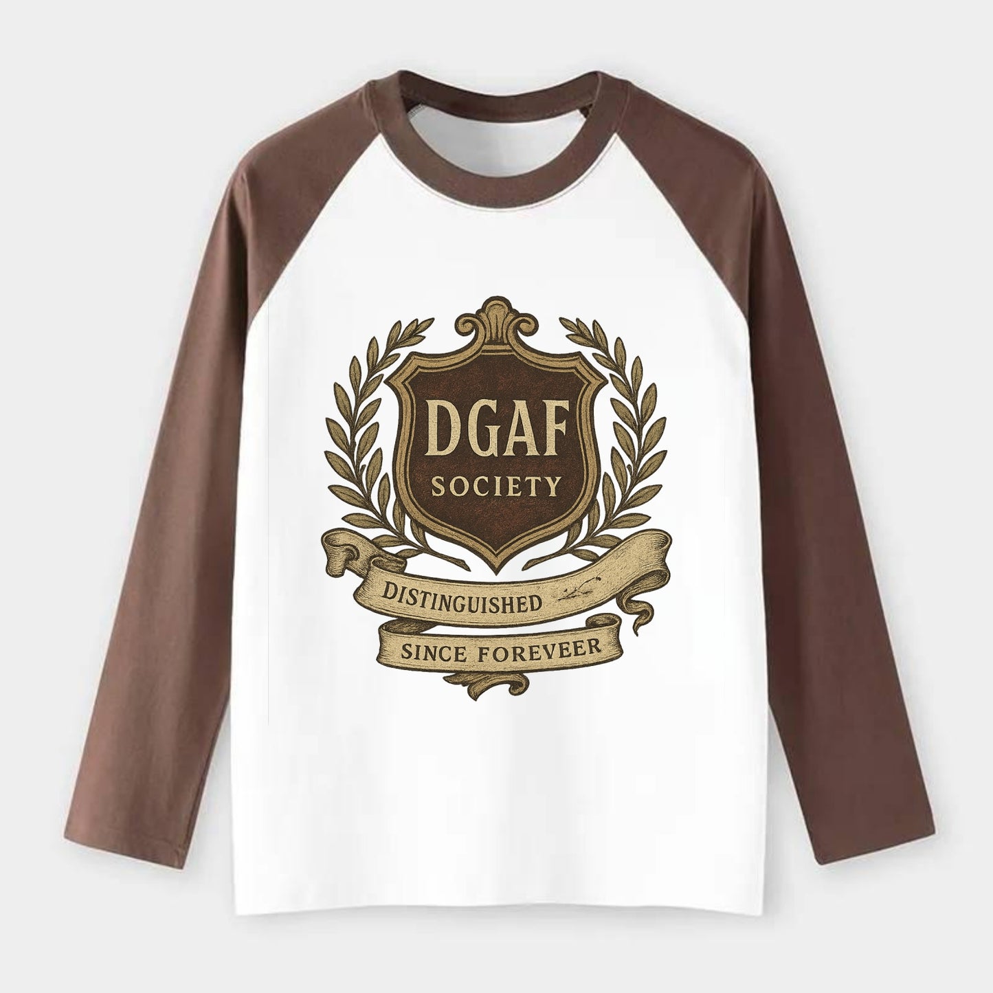 Official membership card design - "DGAF Society - Distinguished - Raglan Long Sleeve T-Shirt - Coffee
